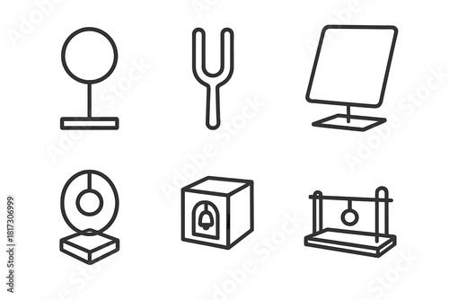 Line Style Sound Icons. Line style icons of small-scale sound objects: table-top chime disc, handheld vibration form, desktop echo
