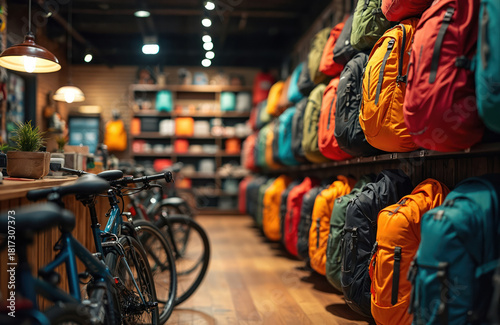 Outdoor gear store interior displays colorful backpacks and bicycles. Shelves stocked with camping supplies and adventure equipment. Retail shop interior for hiking and travel.