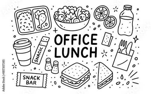 Office lunch doodle art with snacks, beverages, and utensils in black and white