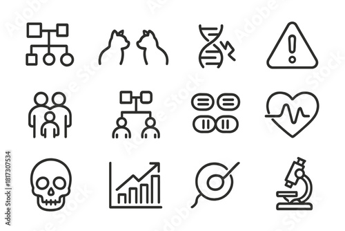 Inbreeding Effects Icons. Line style icons of Inbreeding Effects: pedigree chart, related animals, genetic mutation, warning sign;
