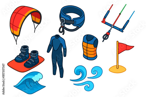 Kiteboarding Essentials. Isometric vector illustration set Outdoor sports – kiteboarding kite, harness, control bar; board boots,