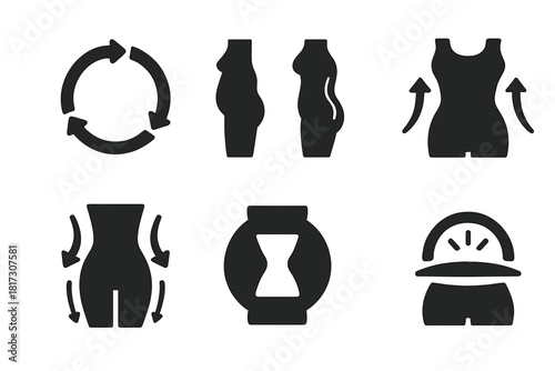Body Contour Icons. Solid style icons of contour enhancement cycles: session cycle wheel, before-after body icon, visible tone