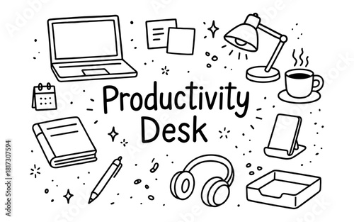 Hand-drawn office desk essentials with laptop, coffee, and headphones