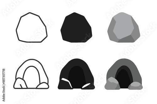 Minimal Rock and Cave. Linear minimalistic rock icon: irregular rock outline, uniform line thickness, no fill, Solid rock icon: