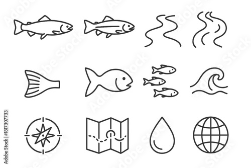Fish Migration Icons. Line style icons of Fish Migration: Salmon, Trout, River, Stream; Fin, Tail, School, Wave; Compass, Map,