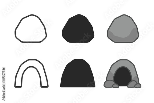Minimal Rock and Cave. Linear minimalistic rock icon: irregular rock outline, uniform line thickness, no fill, Solid rock icon:
