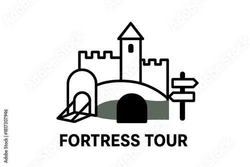 Fortress Tour Icons. Linear minimalistic fortress tour icon: drawbridge, tower view, courtyard, battlement walkway, dungeon door,