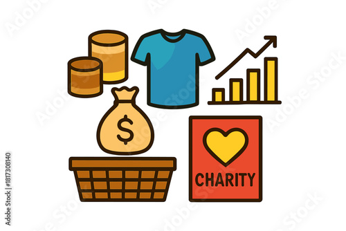 Community Drive Icons. Linear minimalistic community drive icon: canned goods, donation bag, volunteer shirt, progress chart,