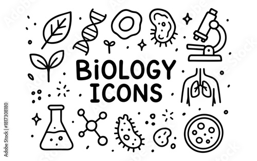 Biology icons set featuring microscope, dna, bacteria in black linear style