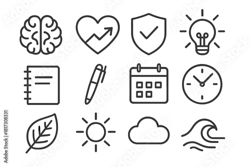 Symbols of Resilience. Line style icons of Psychological Resilience: Brain, Heart, Shield, Light Bulb; Notebook, Pen, Calendar,