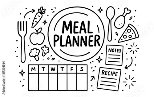 Hand drawn meal planner with weekly schedule, recipes, and food icons