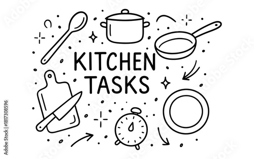 Minimalist kitchen tools and tasks in line art style for culinary inspiration