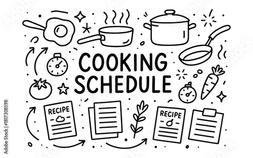 Cooking schedule doodle with kitchen utensils and recipe icons in black and white
