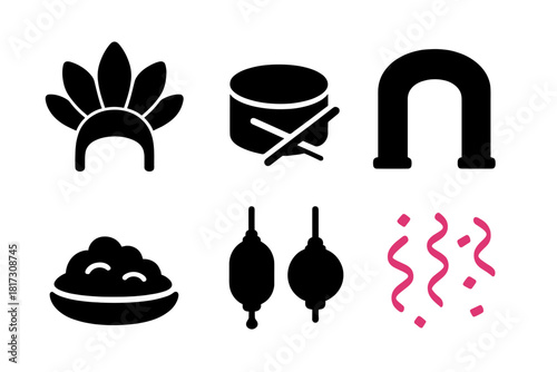 Festive Traditions Icons. Linear minimalistic festive traditions icon: costume headdress, ceremonial drum, snack plate, festival