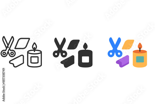 Candle Finishing Icons. Linear minimalistic candle finishing icon: scissors, polishing cloth, label, ribbon, packaging box,