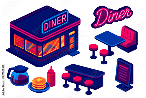 Urban Nightlife Diner. Isometric vector illustration set Urban nightlife – late-night diner, neon “Diner” sign, booth seating;