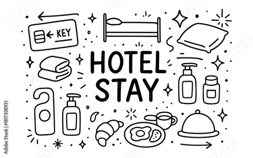 Doodle hotel stay essentials: icons of comfort and hospitality