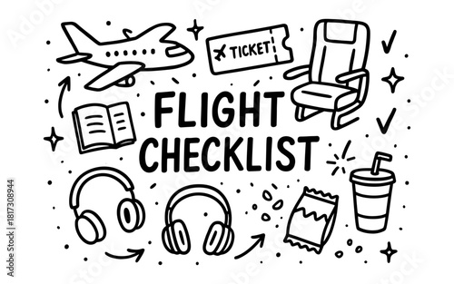 Travel essentials checklist: plane, tickets, and in-flight comfort in doodle art