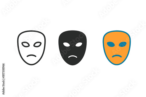 Minimalist Mask Trio. Minimalist creepy mask icon: three identical masks in a row, first in line style with thin outline, second
