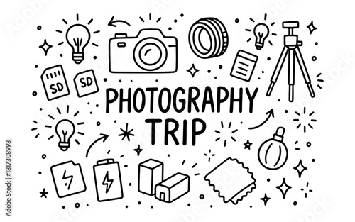 Photography trip essentials doodle with camera, sd cards, and tripod