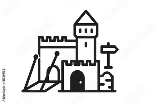 Fortress Tour Icons. Linear minimalistic fortress tour icon: drawbridge, tower view, courtyard, battlement walkway, dungeon door,