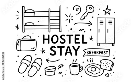 Minimalist hostel icons: bunk bed, breakfast, essentials for budget travelers