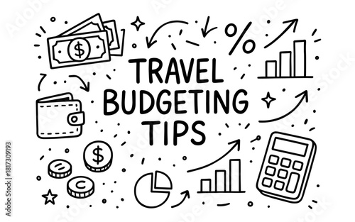 Essential travel budgeting tips with hand-drawn financial icons
