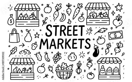 Hand-drawn street markets with fruits and vegetables in doodle style