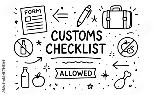 Customs checklist: essential travel items and regulations in doodle style