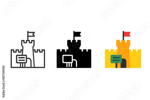 Minimalist Castle Icons. Linear minimalistic heritage site icon: castle, informational sign, fortress wall, tower, gate, flag with