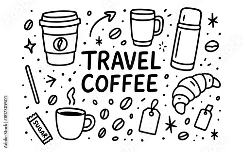 Travel coffee essentials in fun doodle art style with cups and thermos