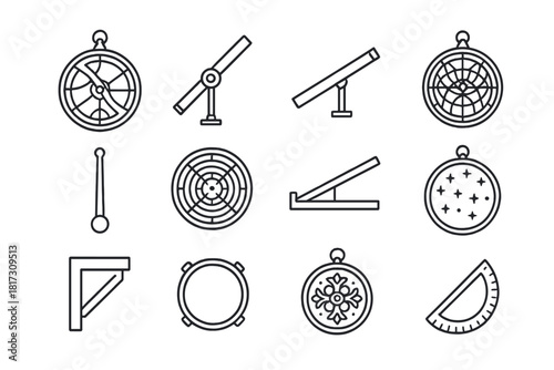 Celestial Instrument Icons. Line style icons of Astrolabes and Celestial Instruments: planisphere, alidade, rete, altitude scale;