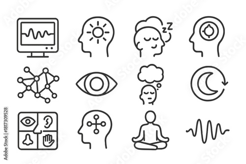 Consciousness Icons. Line style icons of Consciousness Studies: EEG monitor, awareness icon, dreaming figure, attention focus;
