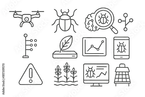 Pest Detection Icons. Line style icons of Pest Detection: camera drone, insect icon, AI algorithm, magnifying glass; sensor array,
