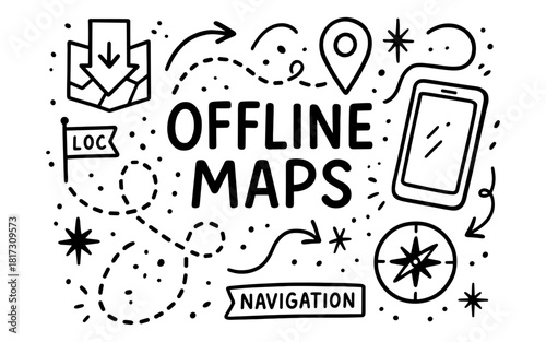 Hand-drawn navigation icons and symbols for offline maps concept