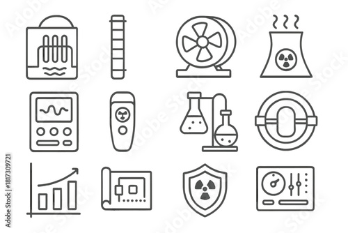 Atomic Energy Line Icons. Line style icons of Atomic Energy Technology: nuclear reactor, fuel rod, turbine, cooling tower; control