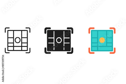 Photo Composition Icons. Linear minimalistic photo composition icon: rule of thirds grid, framing lines, subject marker, horizon