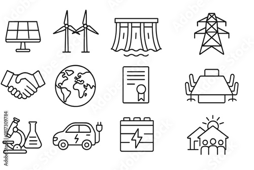 Renewable Energy Icons. Line style icons of Renewable Alliances: solar panels, wind turbines, hydro dam, energy grid; handshake,