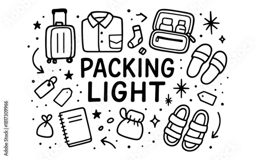 Minimalist travel packing essentials drawing in black and white