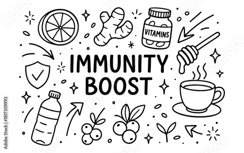 Hand drawn immunity boost elements with ginger, vitamins, and tea