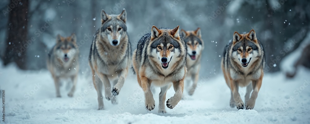 Naklejka premium A wolf pack runs across a snowy landscape. These wild animals move together through a forest during winter. Their paws kick up snow as they run fast. They are predators in the cold.