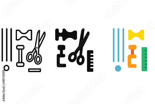 Wick Setup Icons. Linear minimalistic wick setup icon: pre-cut wicks, wick holder, scissors, clamp, ruler, adhesive base with