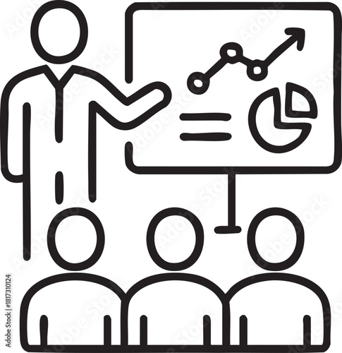 A business presentation is delivered to a small audience showcasing data and growth strategies visually