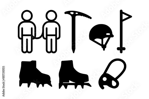 Mountaineering Team Icons. Linear minimalistic mountaineering team icon: rope team, ice axe set, crampon boots, helmet, summit