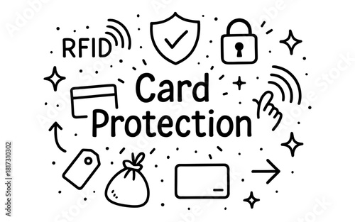 Card protection elements with hand drawn security icons and rfid symbol