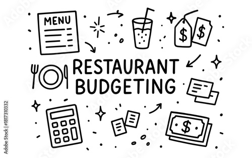 Hand drawn restaurant budgeting elements with menu, finances, and calculations
