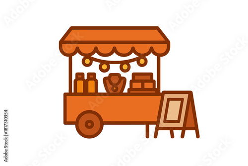 Evening Bazaar Icons. Linear minimalistic evening bazaar icon: food cart, spice jars, handmade jewelry, string lights, signage