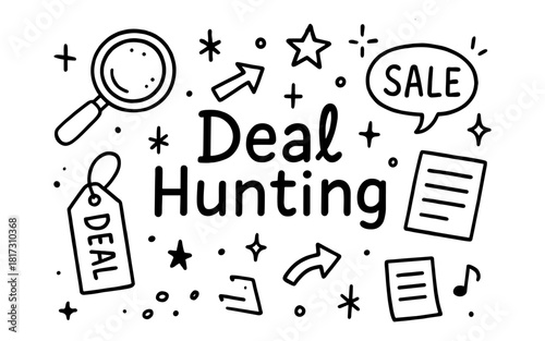 Doodle style deal hunting elements with icons and text