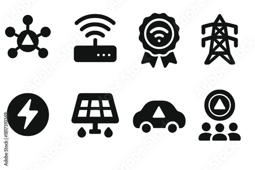 Decentralized Infrastructure Icons. Solid style icons of DAO-powered infrastructure: decentralized internet node, mesh router icon