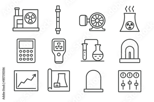 Atomic Energy Line Icons. Line style icons of Atomic Energy Technology: nuclear reactor, fuel rod, turbine, cooling tower; control